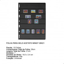 Kit 10 Folhas para Selos 28x21 Fundo Preto Acetato 7 Espaços