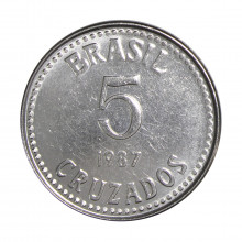 Moeda V-399 5 Cruzados 1987 SOB/FC Aço Inoxidável Ø25mm 5,2gr.