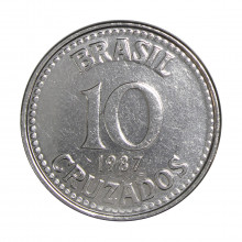 Moeda V-401 10 Cruzados 1987 SOB/FC Aço Inoxidável Ø27mm 6,1gr.