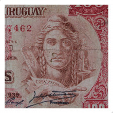P#39c.1 100 Pesos 1939 UTG Uruguai América C/Pequeno Rasgo