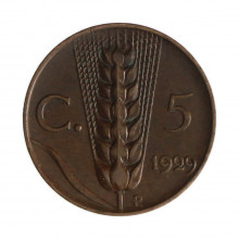 Km#59 5 Centésimos 1929 R (Roma) MBC Itália Europa Bronze 19.5(mm) 3.25(gr)