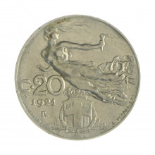 Km#44 20 Centésimos 1921 R (Roma) MBC+ Itália Europa Níquel 21.5(mm) 4(gr)