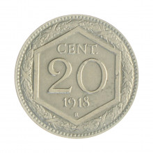 Km#58 20 Centésimos 1918 R (Roma) MBC Itália Europa Recunhada Sobre  20 Centésimos Cupro Níquel 21.3(mm) 3.9(gr)