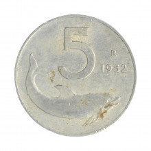 Km#92 5 Liras 1952 R (Roma) MBC Itália Europa Alumínio 20.2(mm) 1(gr)
