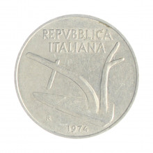 Km#93 10 Liras 1974 R MBC Itália Europa Alumínio 23.25(mm) 1.6(gr)