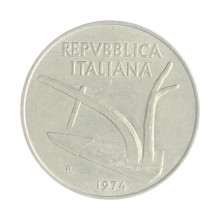 Km#93 10 Liras 1974 R MBC+ Itália Europa Alumínio 23.25(mm) 1.6(gr)