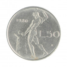 Km#95.1 50 Liras 1980 R MBC Itália Europa Aço Iox 24.8(mm) 6.25(gr)