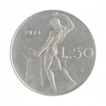 Km#95.1 50 Liras 1974 R MBC+ Itália Europa Aço Iox 24.8(mm) 6.25(gr)