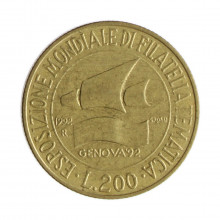 Km#152 200 Liras 1993 R MBC+ Itália Europa Exposição Mundial de Filatelia temática - Génova'92 Bronze Alumínio 24(mm) 5