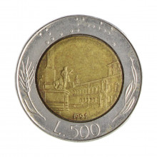 Km#111 500 Liras 1991 R MBC Itália Europa Bimetálico: Núcleo de bronze alumínio e de aço inoxidável 29.3(mm) 11(gr)