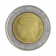 Km#111 500 Liras 1985 R MBC Itália Europa Bimetálico: Núcleo de bronze alumínio e de aço inoxidável 29.3(mm) 11(gr)
