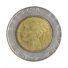 Km#111 500 Liras 1989 R MBC Itália Europa Bimetálico: Núcleo de bronze alumínio e de aço inoxidável 29.3(mm) 11(gr)