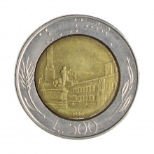 Km#111 500 Liras 1989 R MBC Itália Europa Bimetálico: Núcleo de bronze alumínio e de aço inoxidável 29.3(mm) 11(gr)