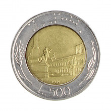 Km#111 500 Liras 1989 R MBC+ Itália Europa Bimetálico: Núcleo de bronze alumínio e de aço inoxidável 29.3(mm) 11(gr)