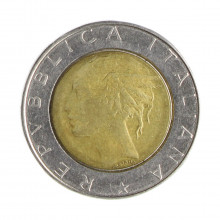 Km#111 500 Liras 1988 R MBC Itália Europa Bimetálico: Núcleo de bronze alumínio e de aço inoxidável 29.3(mm) 11(gr)