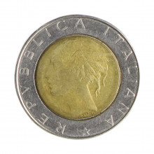 Km#111 500 Liras 1988 R MBC Itália Europa Bimetálico: Núcleo de bronze alumínio e de aço inoxidável 29.3(mm) 11(gr)