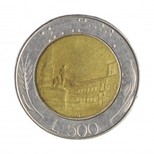 Km#111 500 Liras 1987 R MBC Itália Europa Bimetálico: Núcleo de bronze alumínio e de aço inoxidável 29.3(mm) 11(gr)