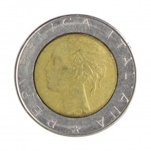 Km#111 500 Liras 1987 R MBC Itália Europa Bimetálico: Núcleo de bronze alumínio e de aço inoxidável 29.3(mm) 11(gr)