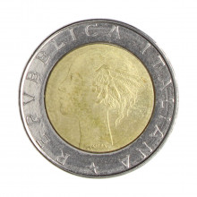 Km#111 500 Liras 1987 R MBC+ Itália Europa Bimetálico: Núcleo de bronze alumínio e de aço inoxidável 29.3(mm) 11(gr)