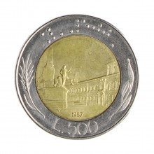 Km#111 500 Liras 1987 R MBC+ Itália Europa Bimetálico: Núcleo de bronze alumínio e de aço inoxidável 29.3(mm) 11(gr)