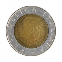 Km#111 500 Liras 1986 R MBC Itália Europa Bimetálico: Núcleo de bronze alumínio e de aço inoxidável 29.3(mm) 11(gr)