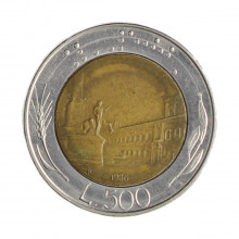 Km#111 500 Liras 1986 R MBC Itália Europa Bimetálico: Núcleo de bronze alumínio e de aço inoxidável 29.3(mm) 11(gr)