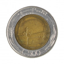 Km#111 500 Liras 1986 R MBC Itália Europa Bimetálico: Núcleo de bronze alumínio e de aço inoxidável 29.3(mm) 11(gr)