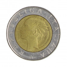 Km#111 500 Liras 1985 R MBC Itália Europa Bimetálico: Núcleo de bronze alumínio e de aço inoxidável 29.3(mm) 11(gr)