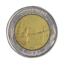 Km#111 500 Liras 1985 R MBC Itália Europa Bimetálico: Núcleo de bronze alumínio e de aço inoxidável 29.3(mm) 11(gr)