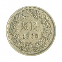 Km#23a.1 ½ Franc 1968 B MBC Suíça Europa Cupro-Níquel 18.2(mm) 2.2(gr)