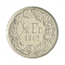 Km#23 ½ Franc 1946 B MBC/SOB Suíça Europa Prata 0.835 18.2(mm) 2.5(gr)