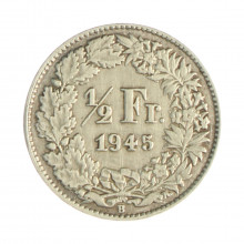 Km#23 ½ Franc 1945 B MBC+ Suíça Europa Prata 0.835 18.2(mm) 2.5(gr)
