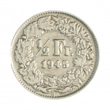Km#23 ½ Franc 1945 B MBC+ Suíça Europa Prata 0.835 18.2(mm) 2.5(gr)