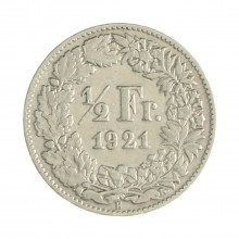 Km#23 ½ Franc 1921 B MBC Suíça Europa Prata 0.835 18.2(mm) 2.5(gr)