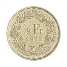 Km#23a.3 ½ Franc 1993 B MBC Suíça Europa Cupro-Níquel 18.2(mm) 2.2(gr)