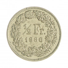 Km#23a.1 ½ Franc 1980 MBC Suíça Europa Cupro-Níquel 18.2(mm) 2.2(gr)