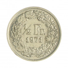 Km#23a.1 ½ Franc 1971 MBC/SOB Suíça Europa Cupro-Níquel 18.2(mm) 2.2(gr)