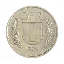 Km#40.a1 5 Franc 1974 MBC+ Suíça Europa Cupro-Níquel 31.45(mm) 13.2(gr)