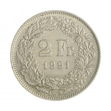 Km#21a.3 2 Franc 1991 B MBC+ Suíça Europa Cupro-Níquel 27.4(mm) 8.8(gr)