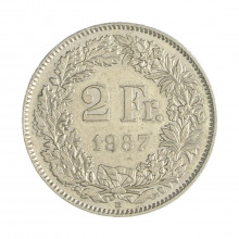 Km#21a.3 2 Franc 1987 B MBC+ Suíça Europa Cupro-Níquel 27.4(mm) 8.8(gr)