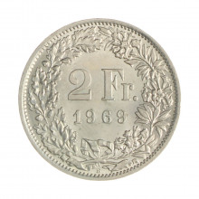 Km#21a.1 2 Franc 1969 B SOB Suíça Europa Cupro-Níquel 27.4(mm) 8.8(gr)