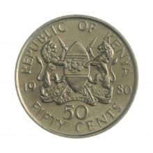 Km#19 50 Cents 1980 MBC+ Quênia África Cupro - Níquel 21(mm) 3.91(gr)