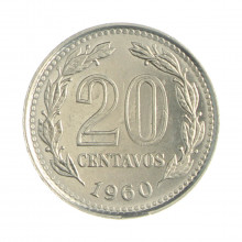 Km#55 20 Centavos 1960 MBC/SOB Argentina América Aço revestimento níquel 21(mm) 4(gr)