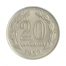 Km#55 20 Centavos 1959 MBC+ Argentina América Aço revestimento níquel 21(mm) 4(gr)