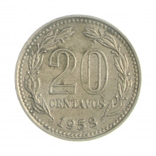 Km#55 20 Centavos 1958 MBC Argentina América Aço revestimento níquel 21(mm) 4(gr)