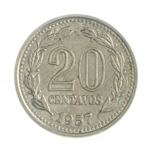 Km#55 20 Centavos 1957 MBC+ Argentina América Aço revestimento níquel 21(mm) 4(gr)