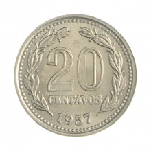 Km#55 20 Centavos 1957 MBC+ Argentina América Aço revestimento níquel 21(mm) 4(gr)