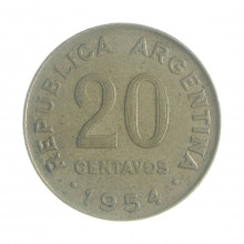 Km#52 20 Centavos 1954 MBC Argentina América Aço revestimento níquel 21(mm) 4(gr)