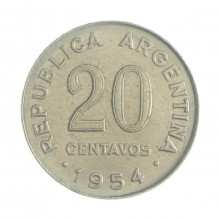 Km#52 20 Centavos 1954 MBC Argentina América Aço revestimento níquel 21(mm) 4(gr)