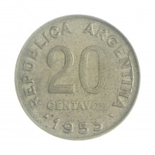 Km#48a 20 Centavos 1953 MBC Argentina América Aço revestimento níquel 21(mm) 4(gr)